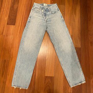 light wash cross-over straight leg jean